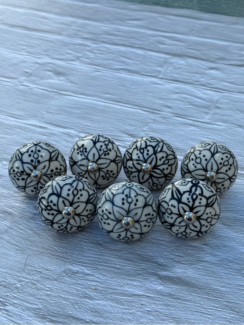 Handmade Hand-painted Navy & White Floral Ceramic Cabinet Knobs Set of 7